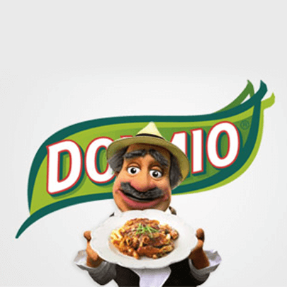 Dolmio logo with illustrated character holding a plate of pasta