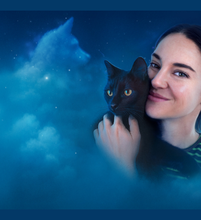 Woman in night sky clouds with black cat