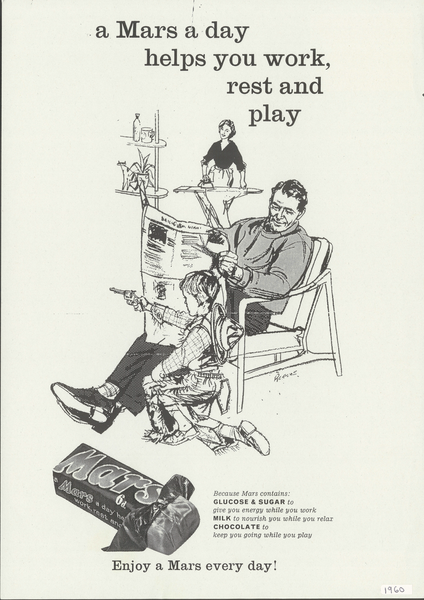 Advertisement for Mars Bar from 1960 with illustrated family