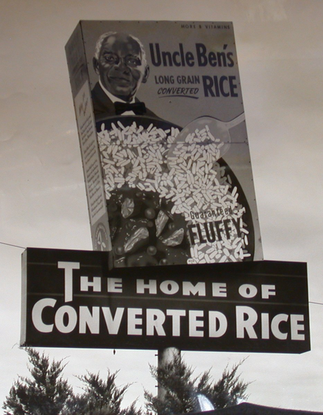 Billboard of Mars rice packaging from 1942 with slogan “The Home of Converted Rice”