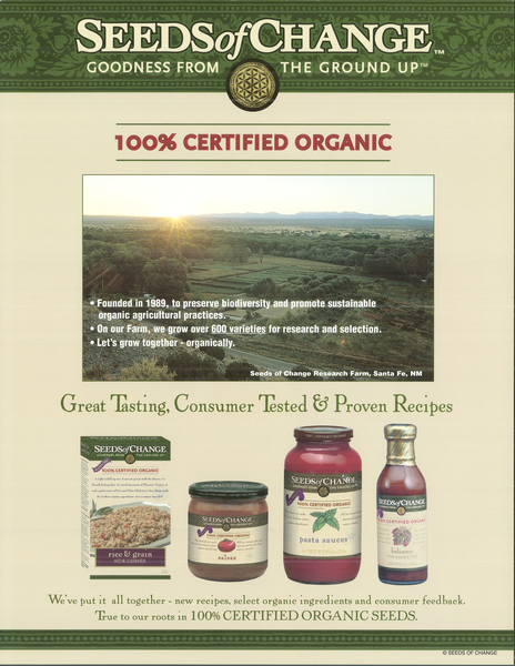 seeds of change advertisement for several organic foods with “100% certified organic” label