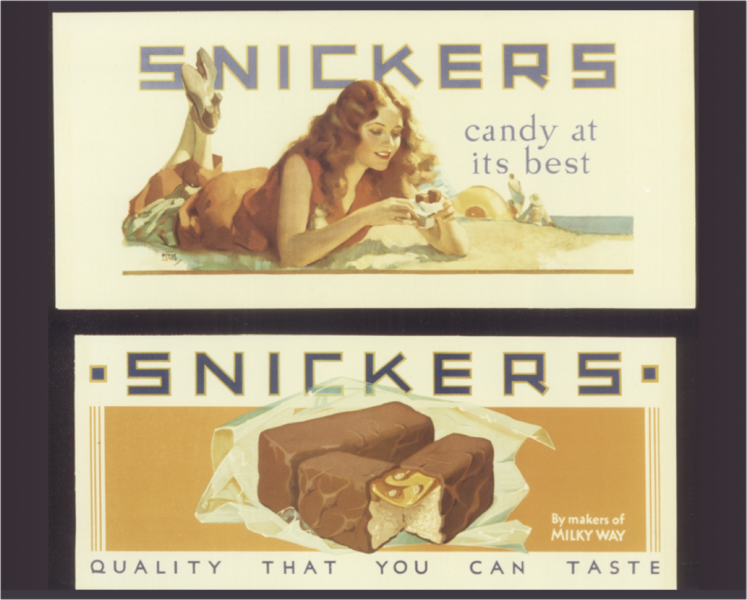Snickers ads from 1930 that say “candy at its best” and “quality that you can taste”
